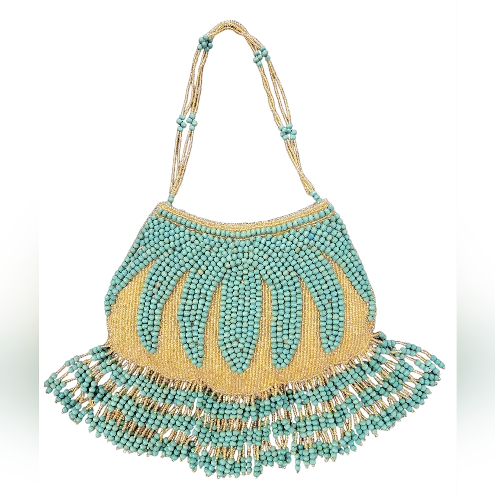 Chic Beaded Shoulder Bag in Teal and Gold